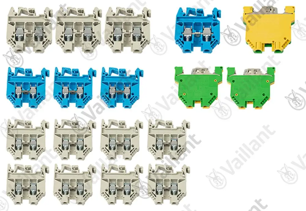 Vaillant Klemmen in verschiedenen Farben (beige, blau, grün, gelb) angeordnet, mit jeweils zwei Kontakten pro Einheit auf einem weißen Hintergrund.